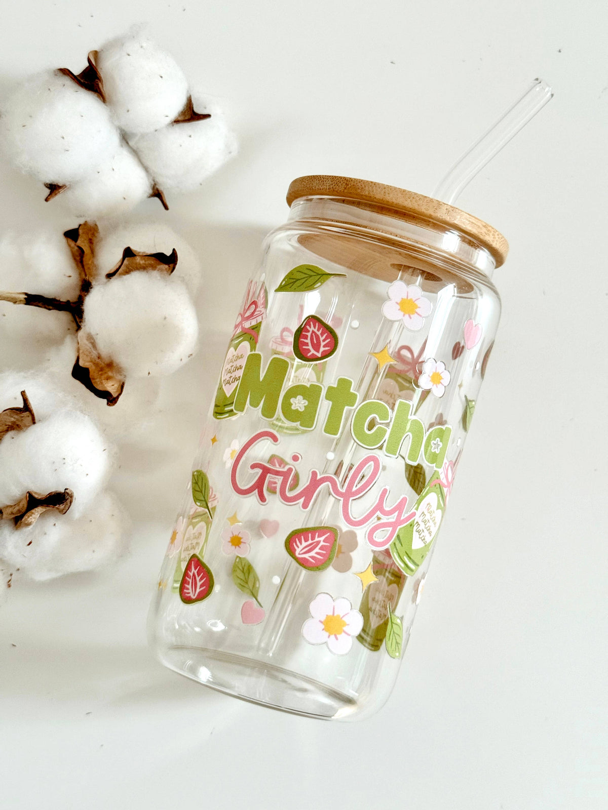 Matcha Girly Glass Tumbler Double Sided Print with Lid and Straw