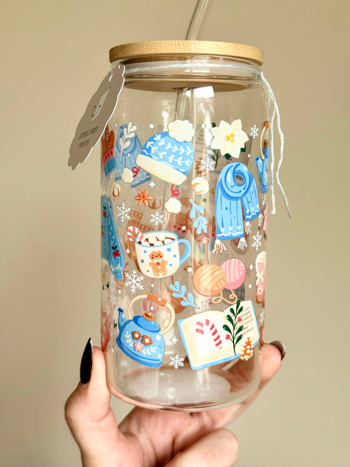 Cozy Winter Double Sided Glass Tumbler with Lid & Straw 4
