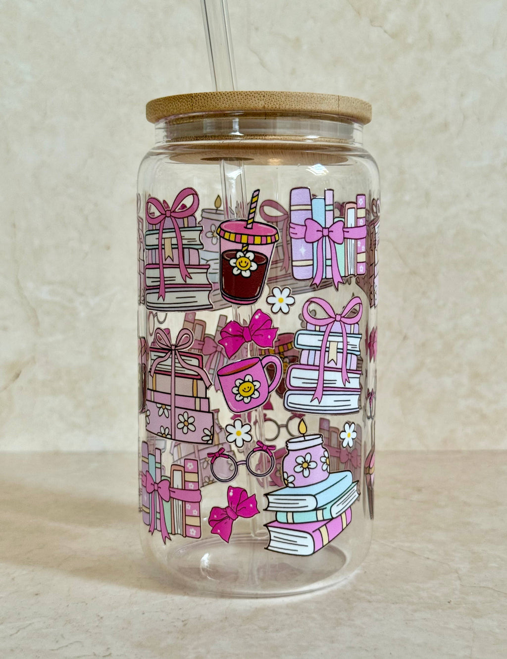 Glass tumbler Coquette Books double sided with lid and straw 4