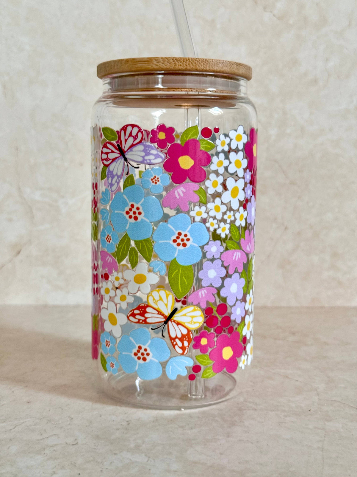 Colorful Garden Glass Tumbler With Bamboo Lid & Glass Straw 5