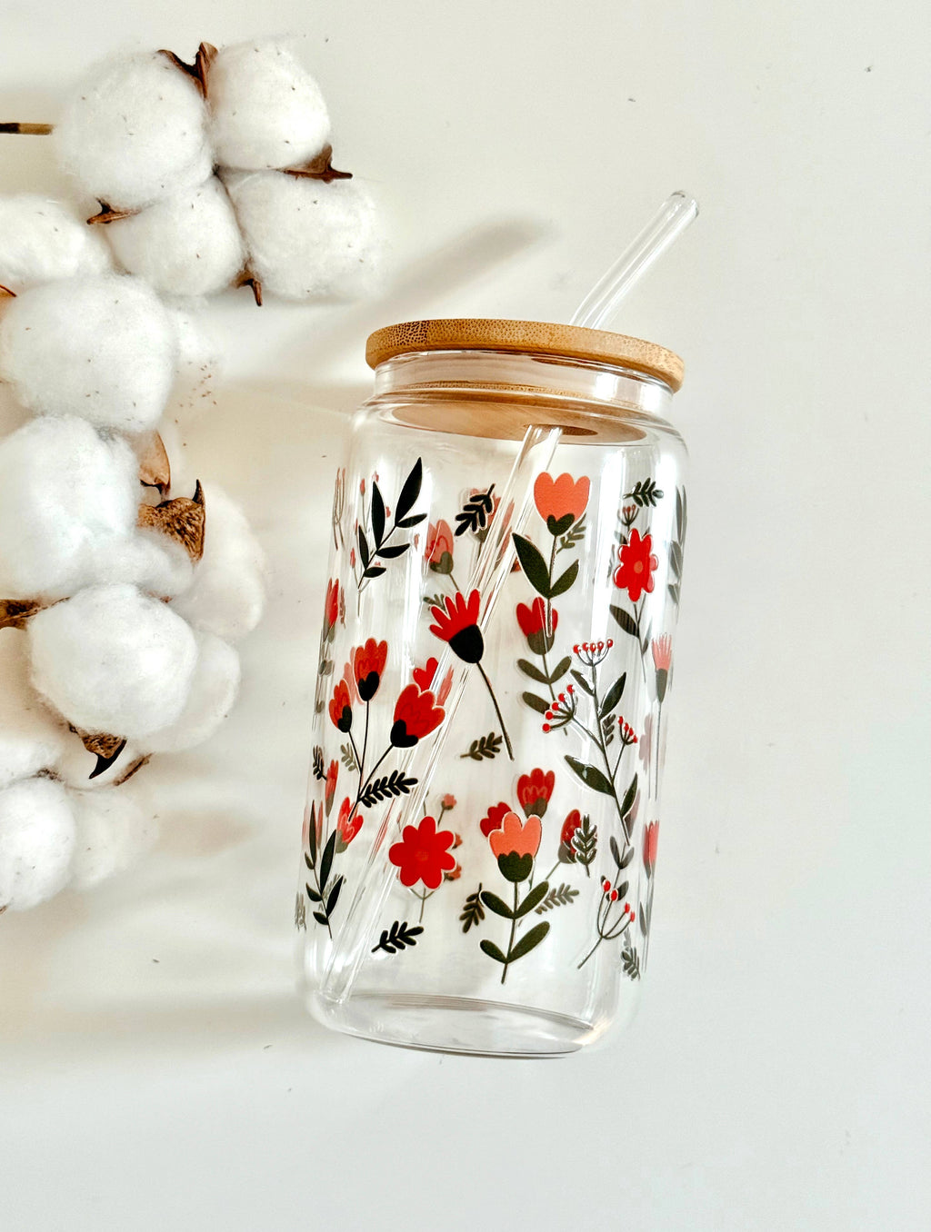 Red Flower Garden Glass Tumbler Double Sided Print with Lid and Straw