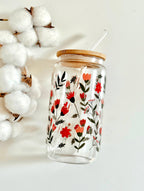 Red Flower Garden Glass Tumbler Double Sided Print with Lid and Straw