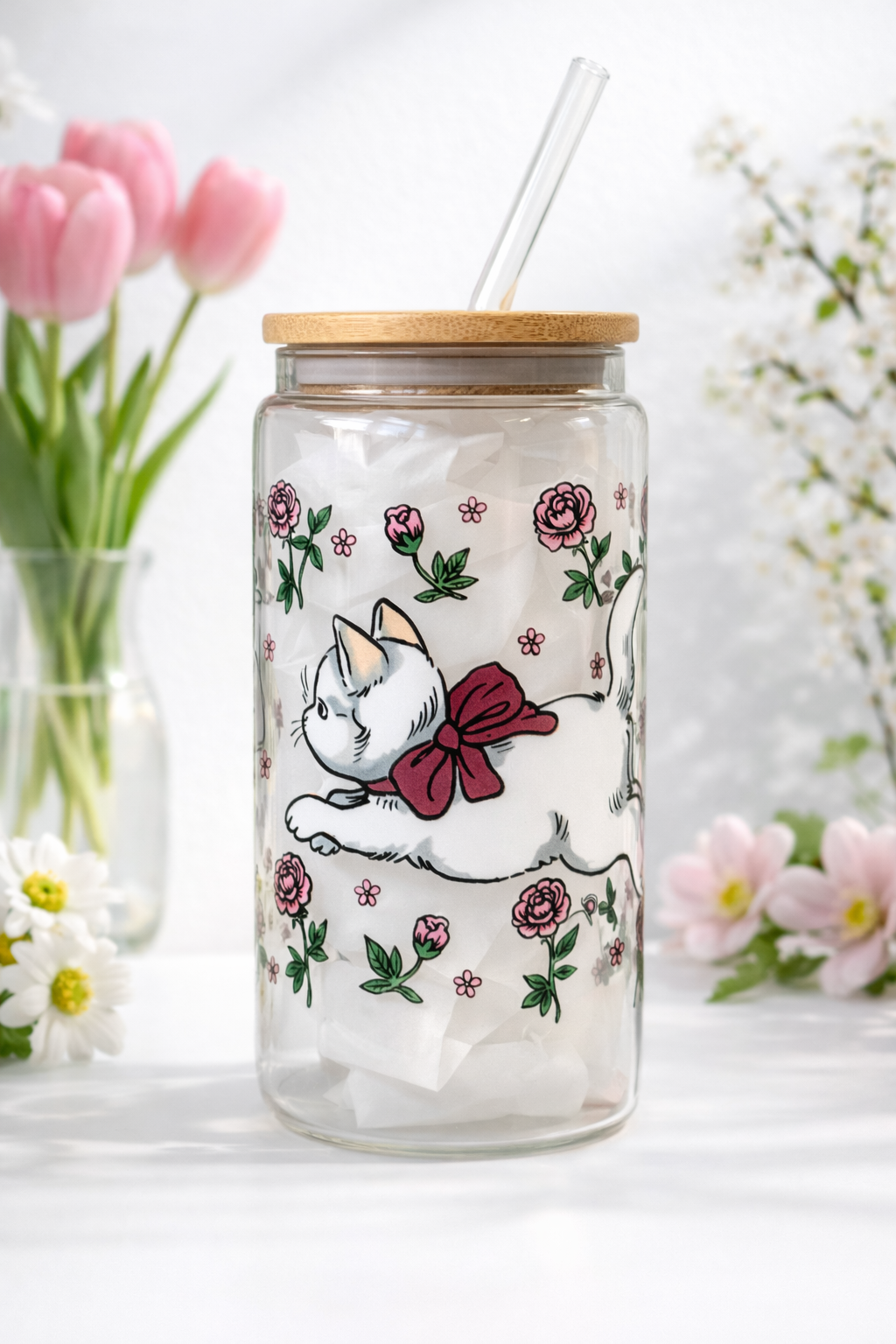 Cat Tea Party Double Side Print Glass Tumbler + Lid & Straw