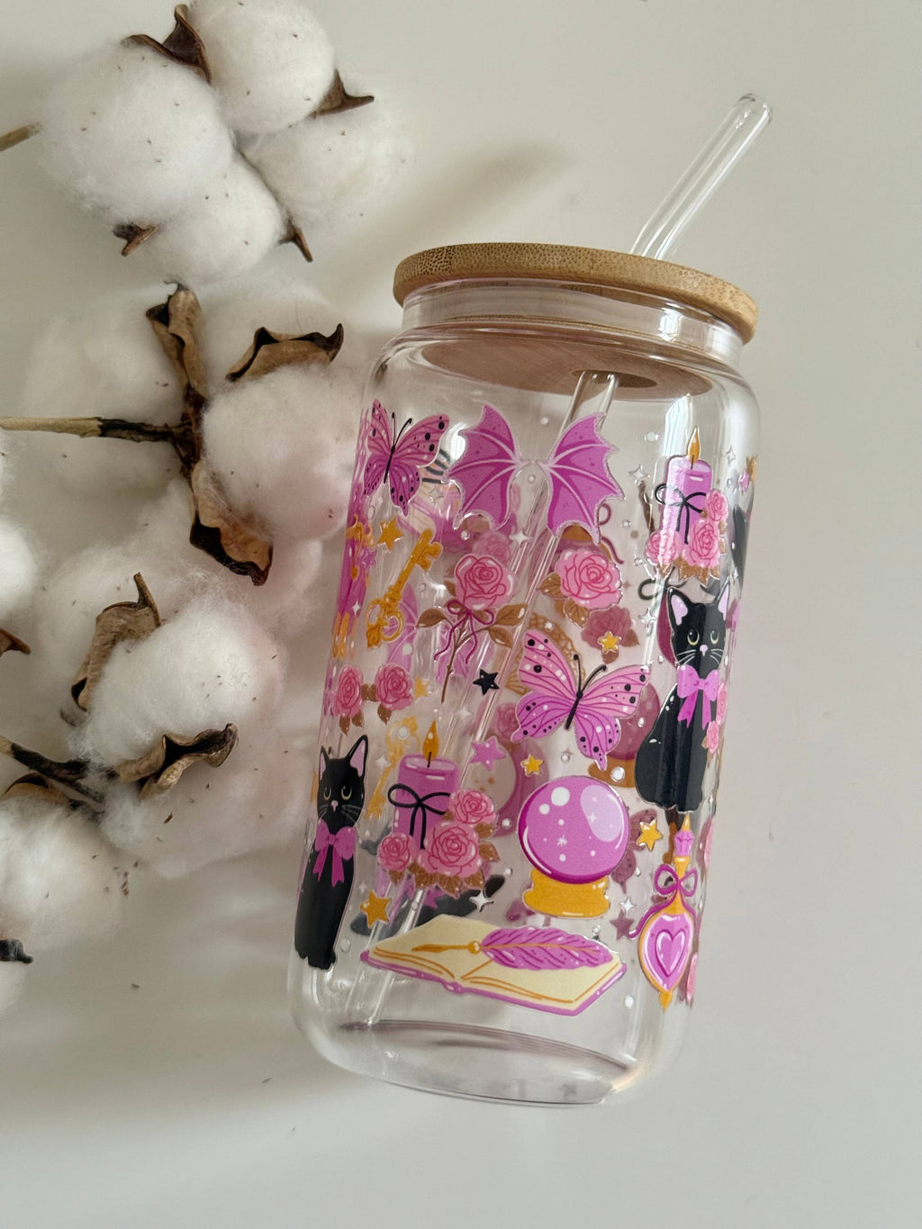 Witchy Cat Glass Tumbler Double Sided Print with Lid and Straw 8