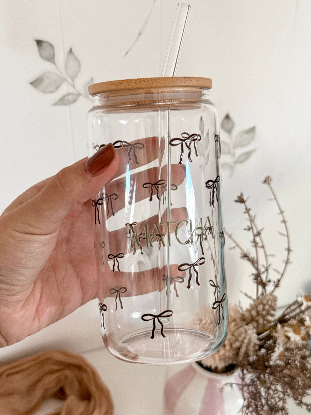 Matcha Bows Double Sided Glass Tumbler + Bamboo Lid & Straw 3