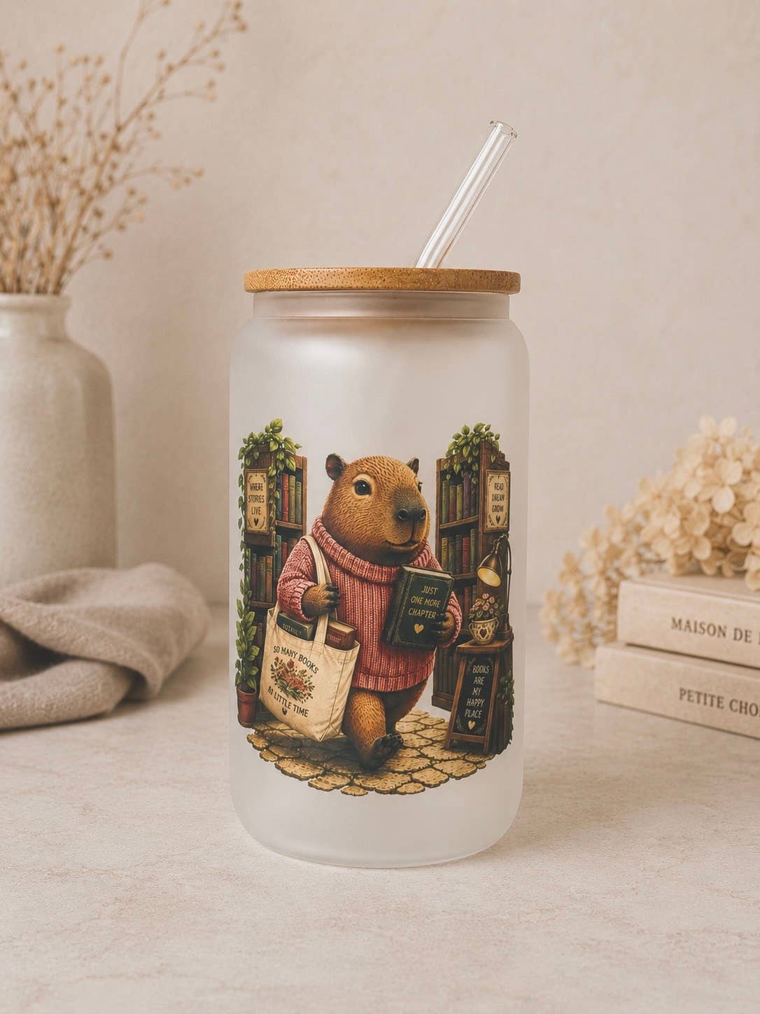 Capybara at the library Frosted Glass Tumbler Dishw. Safe