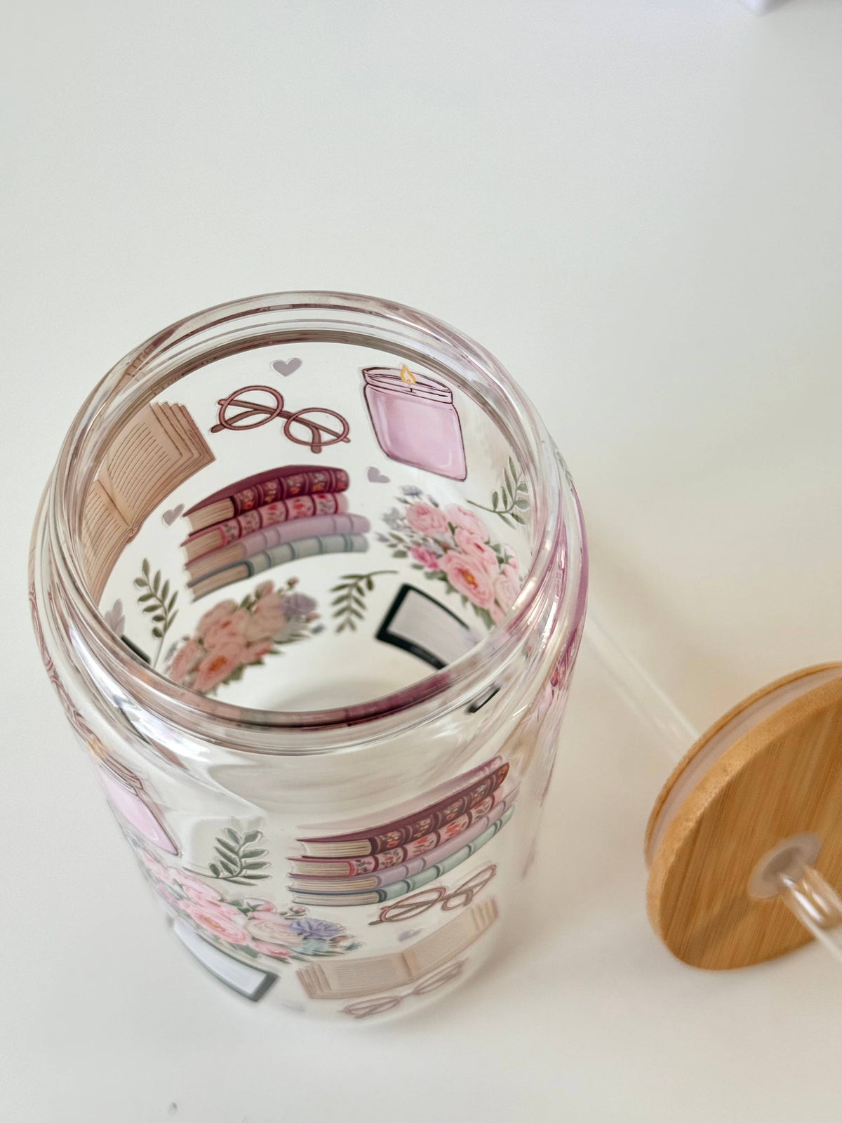 Bookish Floral Kindle Double Sided Glass Cup + Lid & Straw 3
