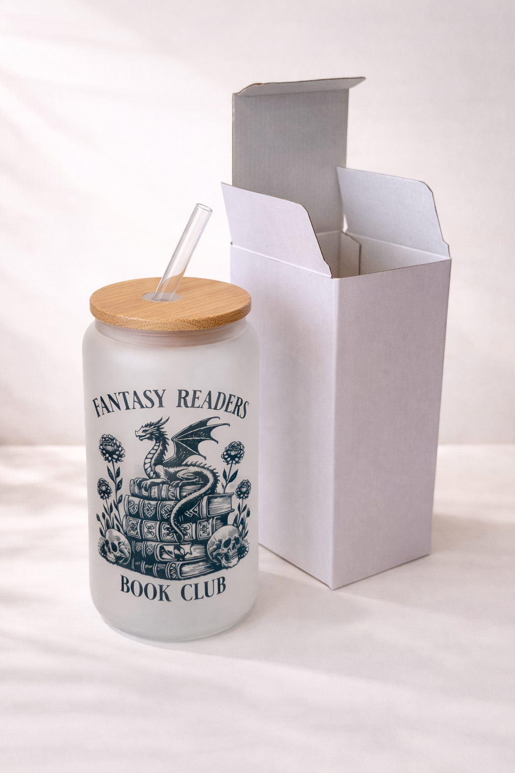 Fantasy Readers 1 Dish.Safe Frosted Glass Cup + Lid & Straw 2