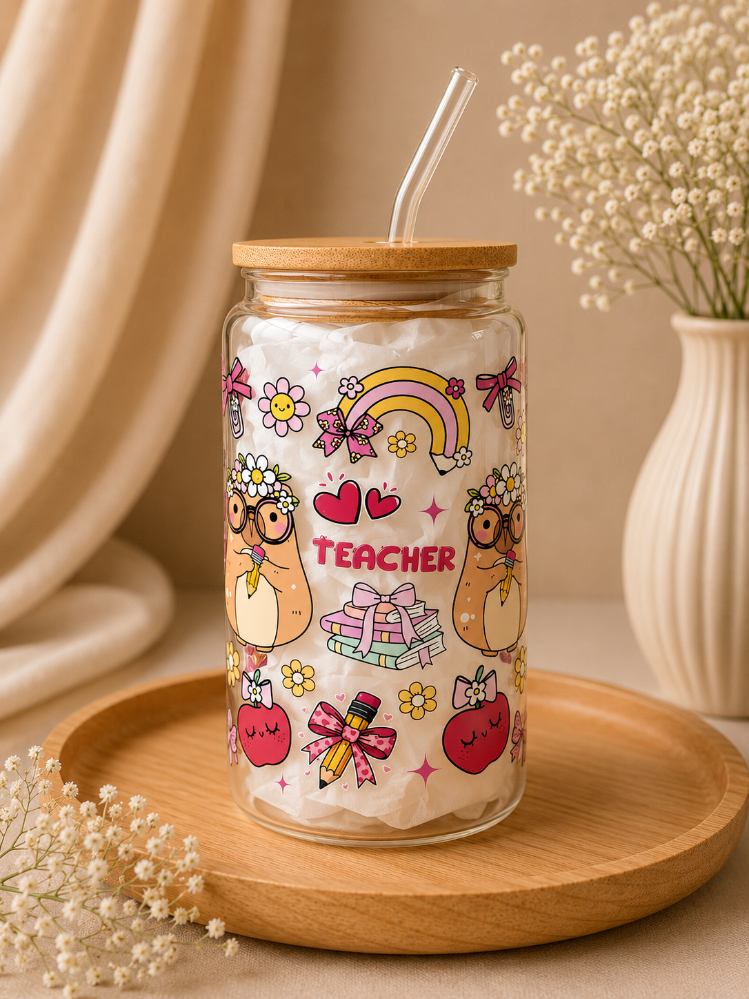 Capybara Teacher Double Sided Glass Tumbler + Lid and Straw