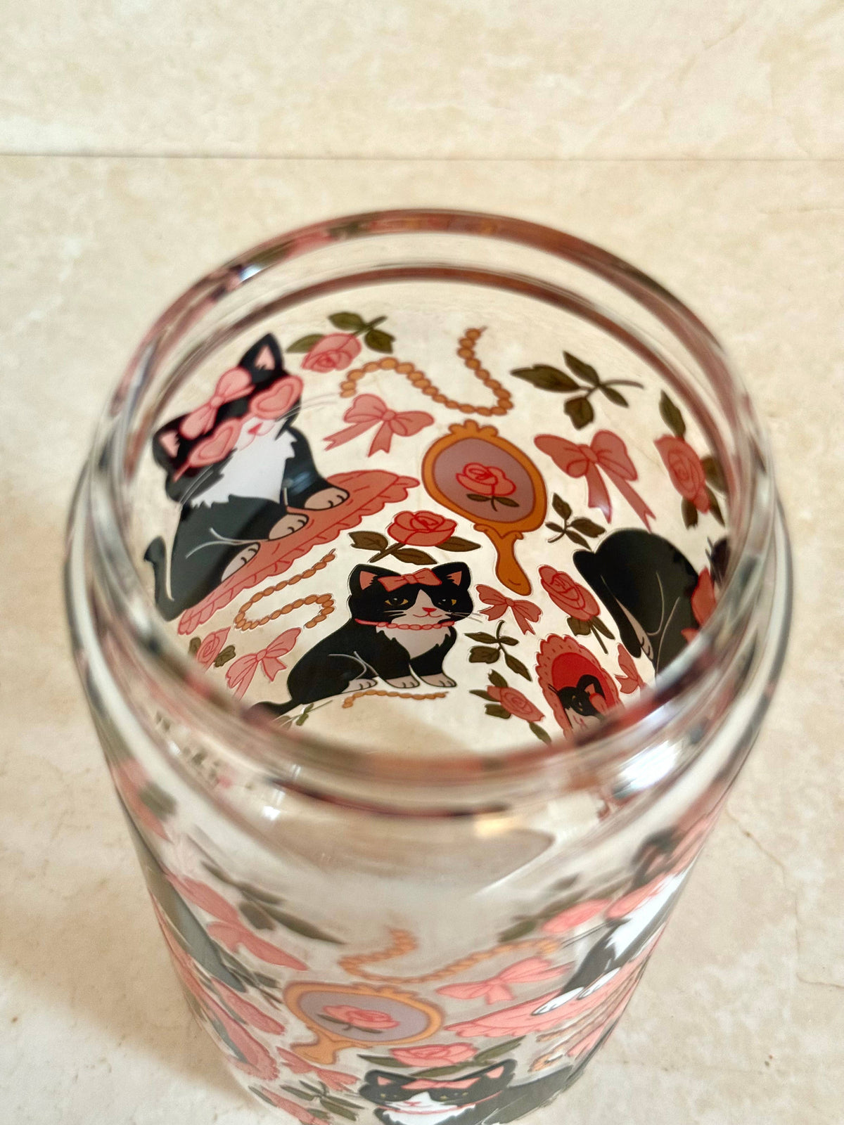 Preppy Cat Glass Tumbler with Bamboo Lid & Glass Straw 3