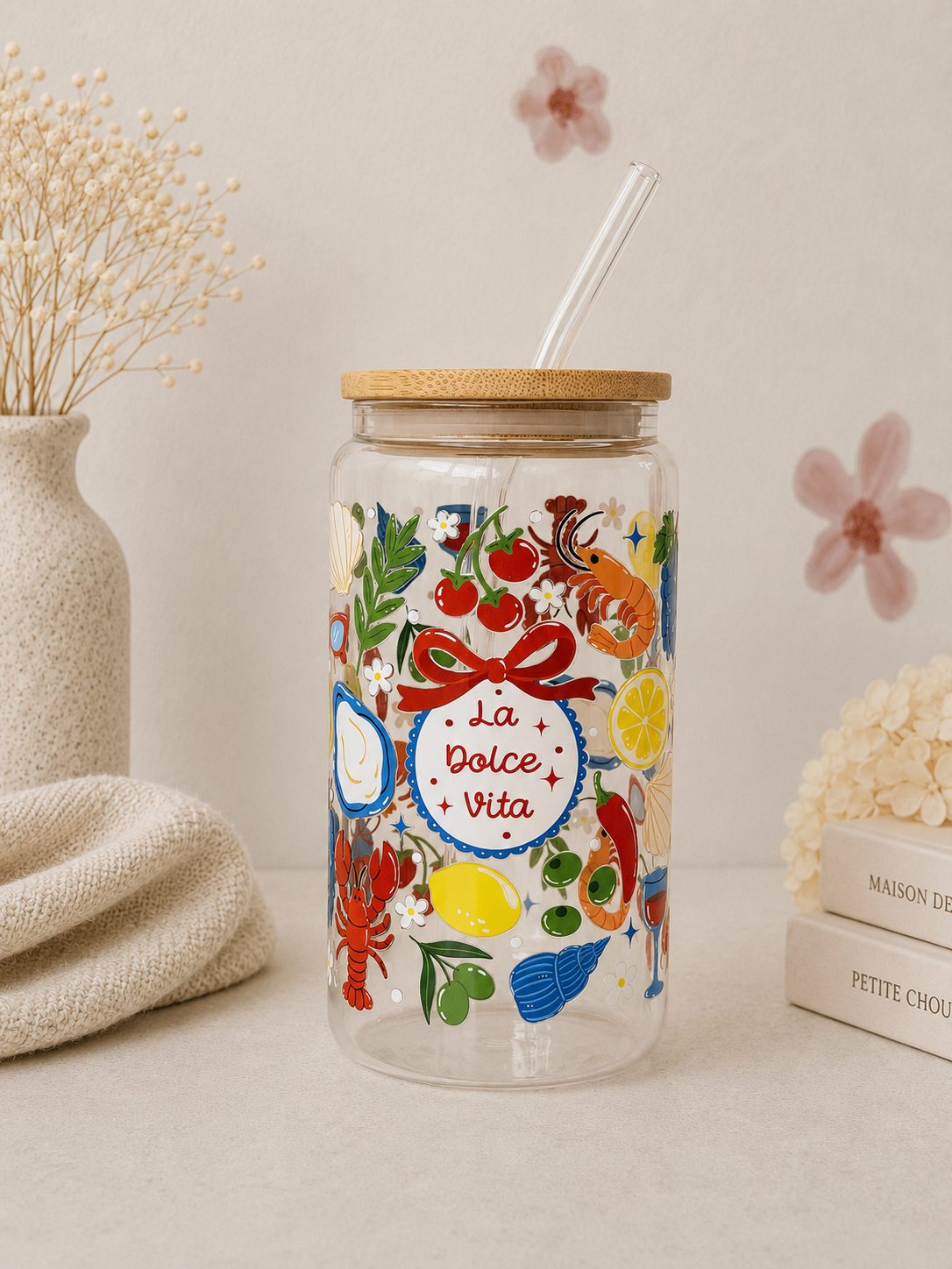 La Dolce Vita Glass Tumbler + Lid & Straw Double Side Print