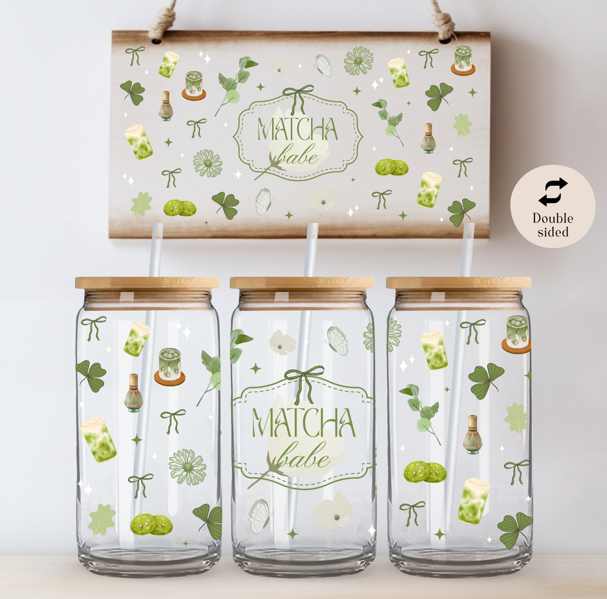 Lux Matcha Babe Glass Tumbler Double Sided & Lid and Straw 10