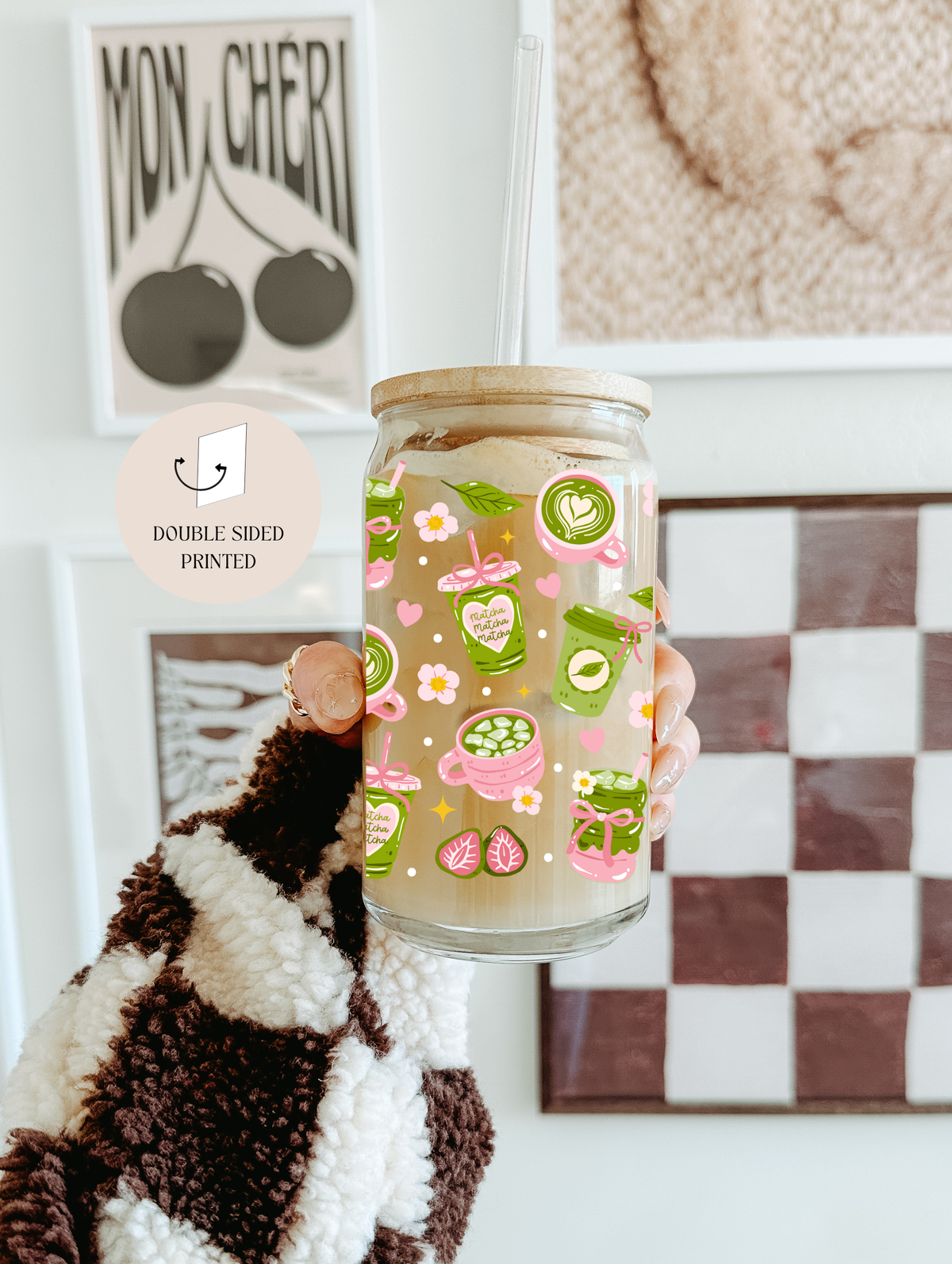 Matcha Pink 2 Options Double Sided Glass Cup + Lid & Straw