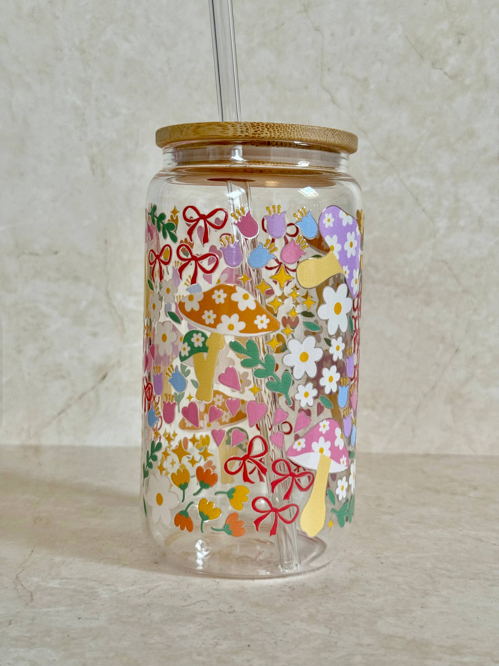 Mushroom Bow Garden Glass Tumbler With Bamboo Lid & Straw 5