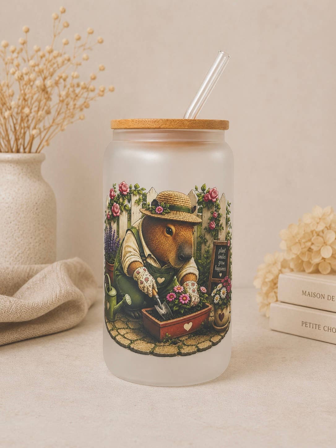 Capybara in the garden Frosted Glass Tumbler Dish. Safe