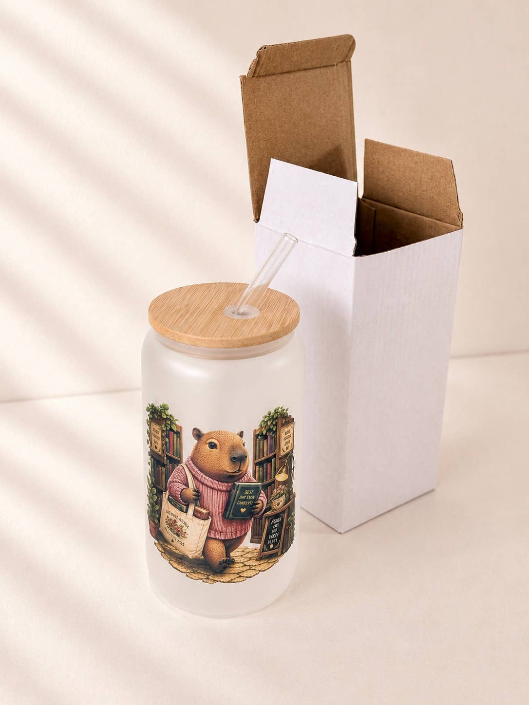Capybara at the library Frosted Glass Tumbler Dishw. Safe 5