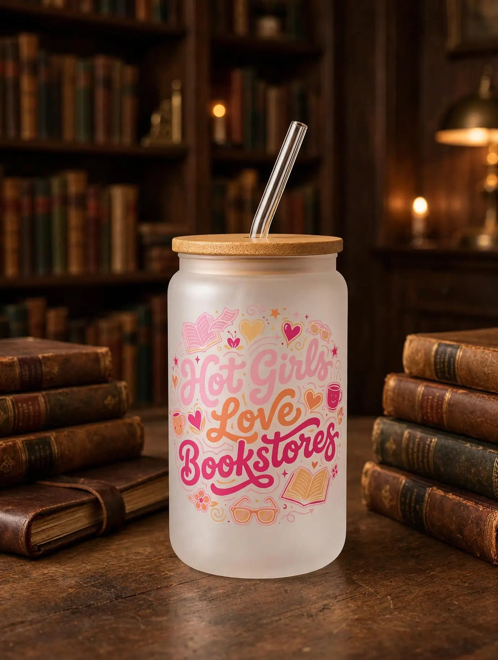 Hot Girls Love Bookstores Frosted Glass Cup  + Lid & Straw 3