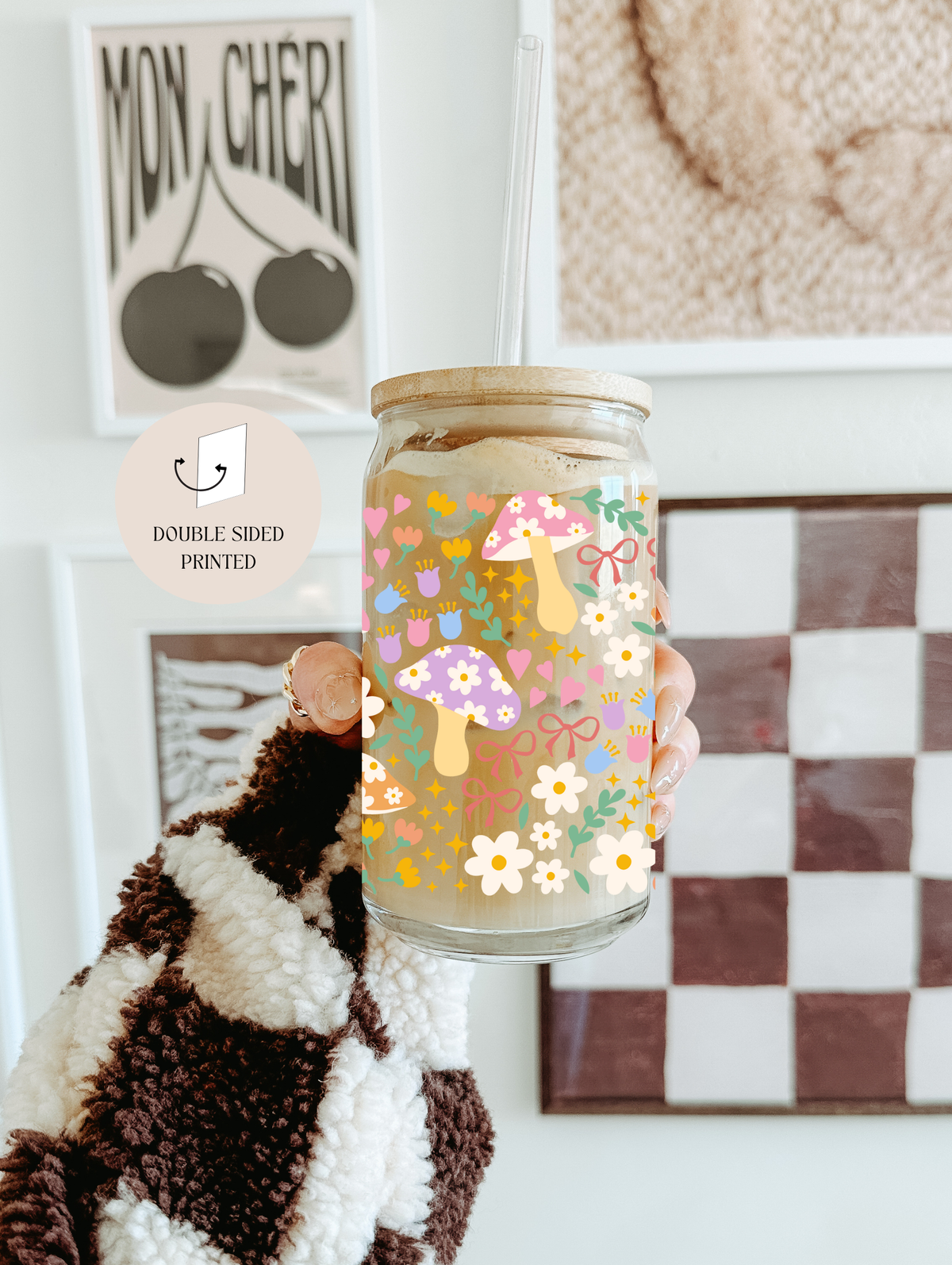 Mushroom Bow Garden Glass Tumbler With Bamboo Lid & Straw
