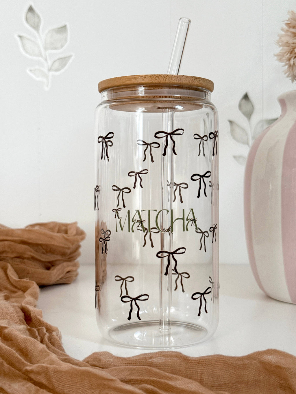 Matcha Bows Double Sided Glass Tumbler + Bamboo Lid & Straw