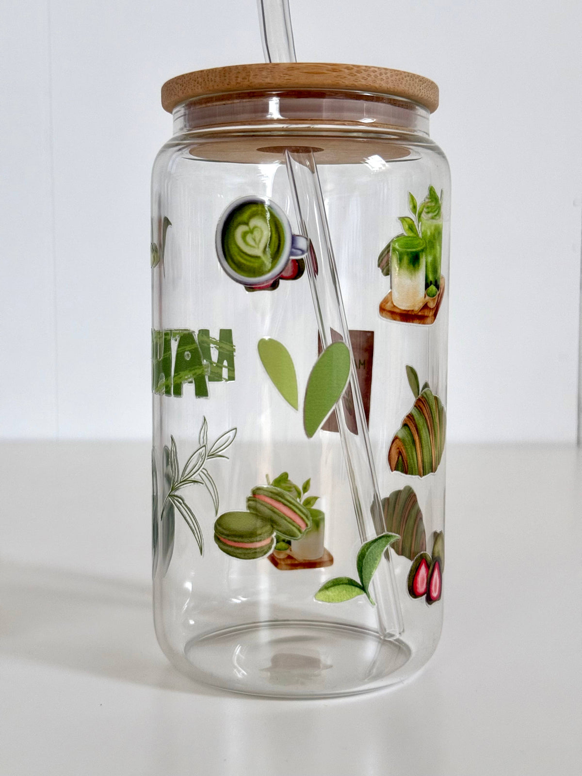 Matcha Glass Tumbler Double Sided Print with Lid and Straw 4