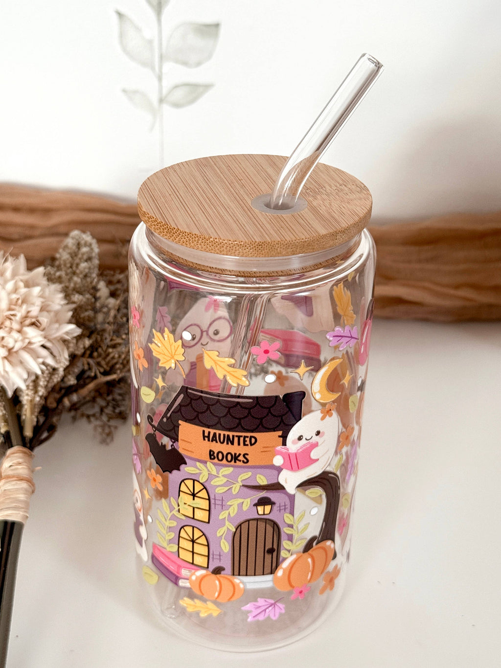 Haunted Books Ghost Glass Tumbler Double Sided + Lid & Straw 7