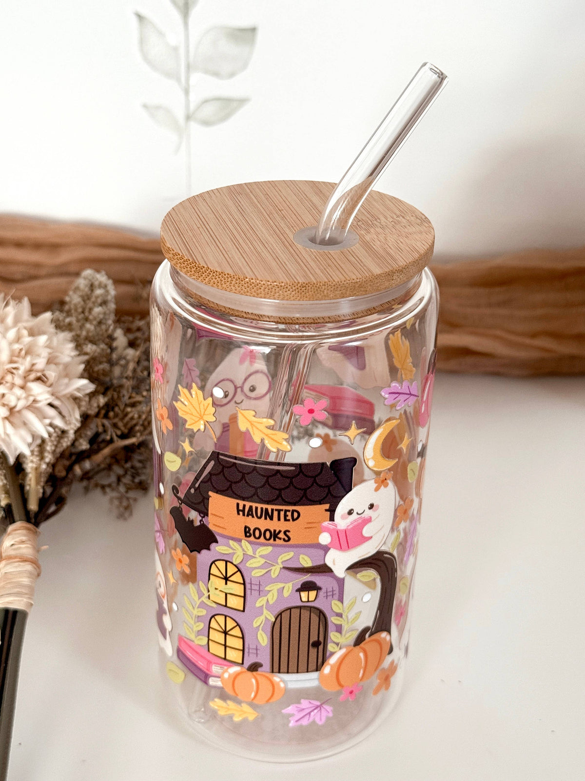 Haunted Books Ghost Glass Tumbler Double Sided + Lid & Straw 7