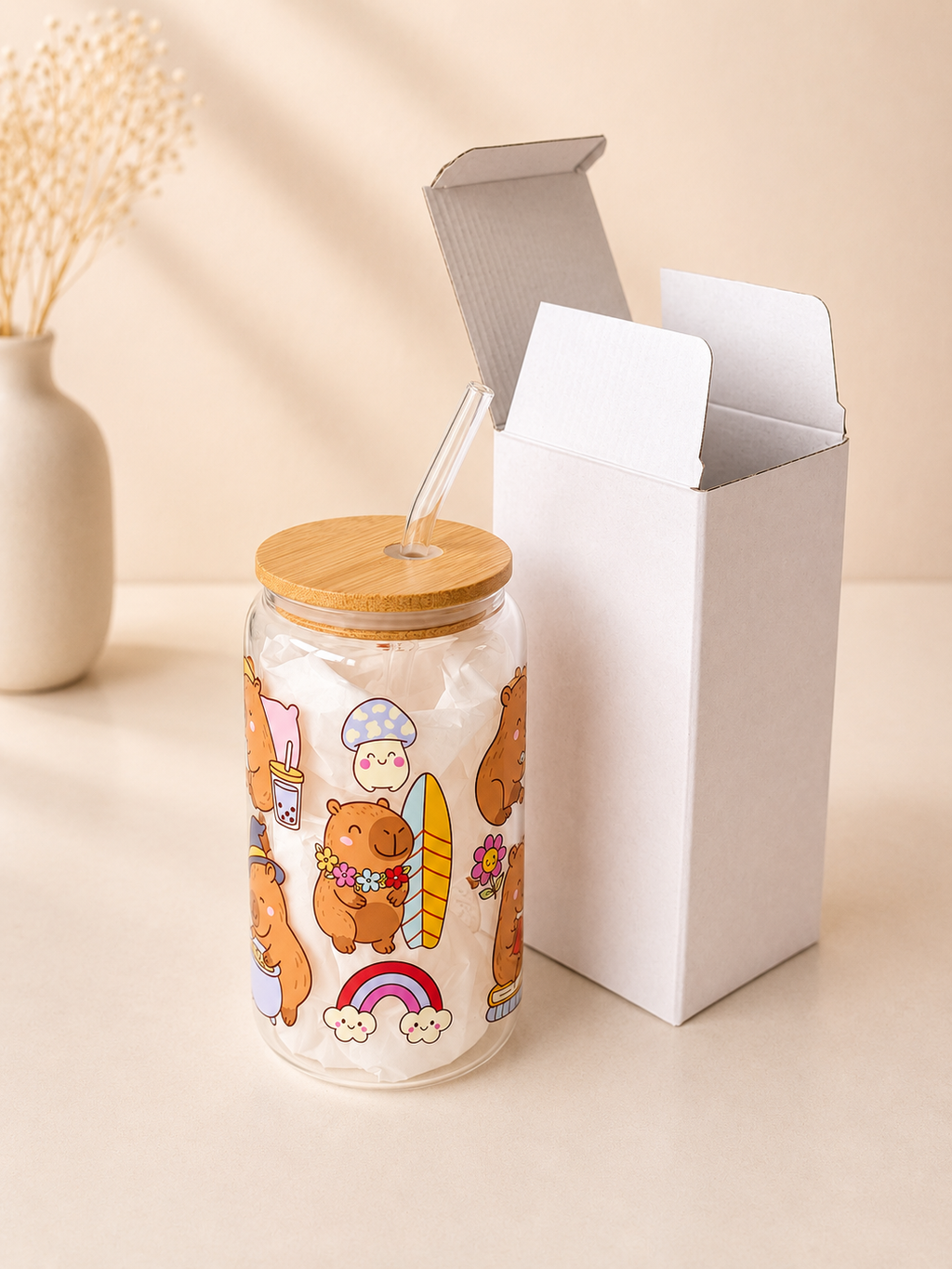 Fairy Capybaras Double Sided Glass Tumbler + Lid & Straw 3