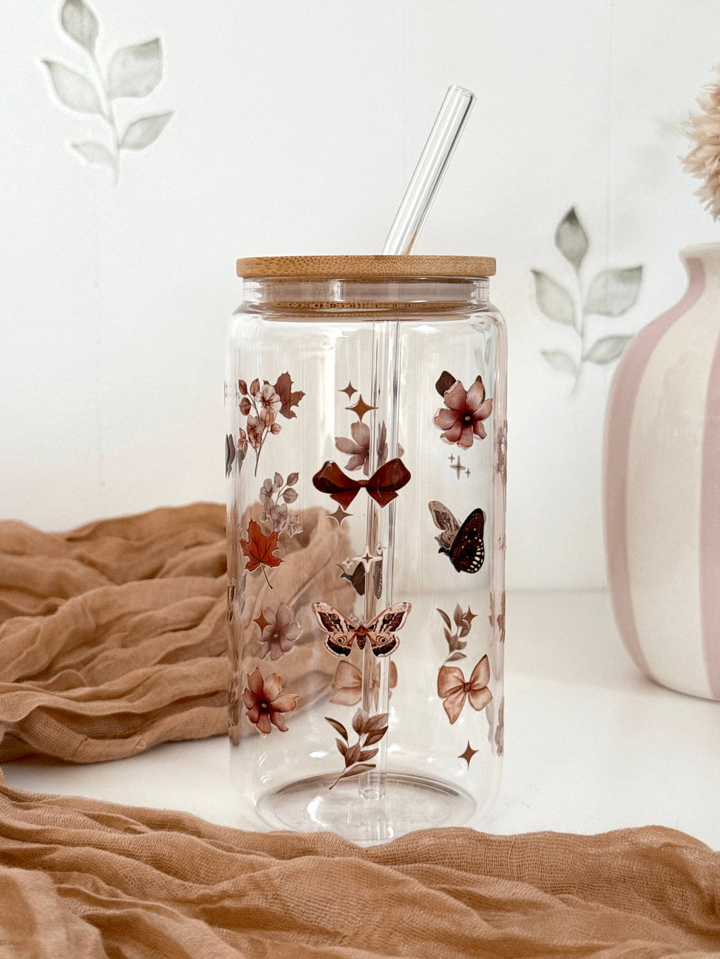 Luxury Fall Double Sided Glass Tumbler + Bamboo Lid & Straw 2