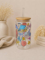 Sea Party Glass Tumbler with Lid and Straw Double Side Print 2