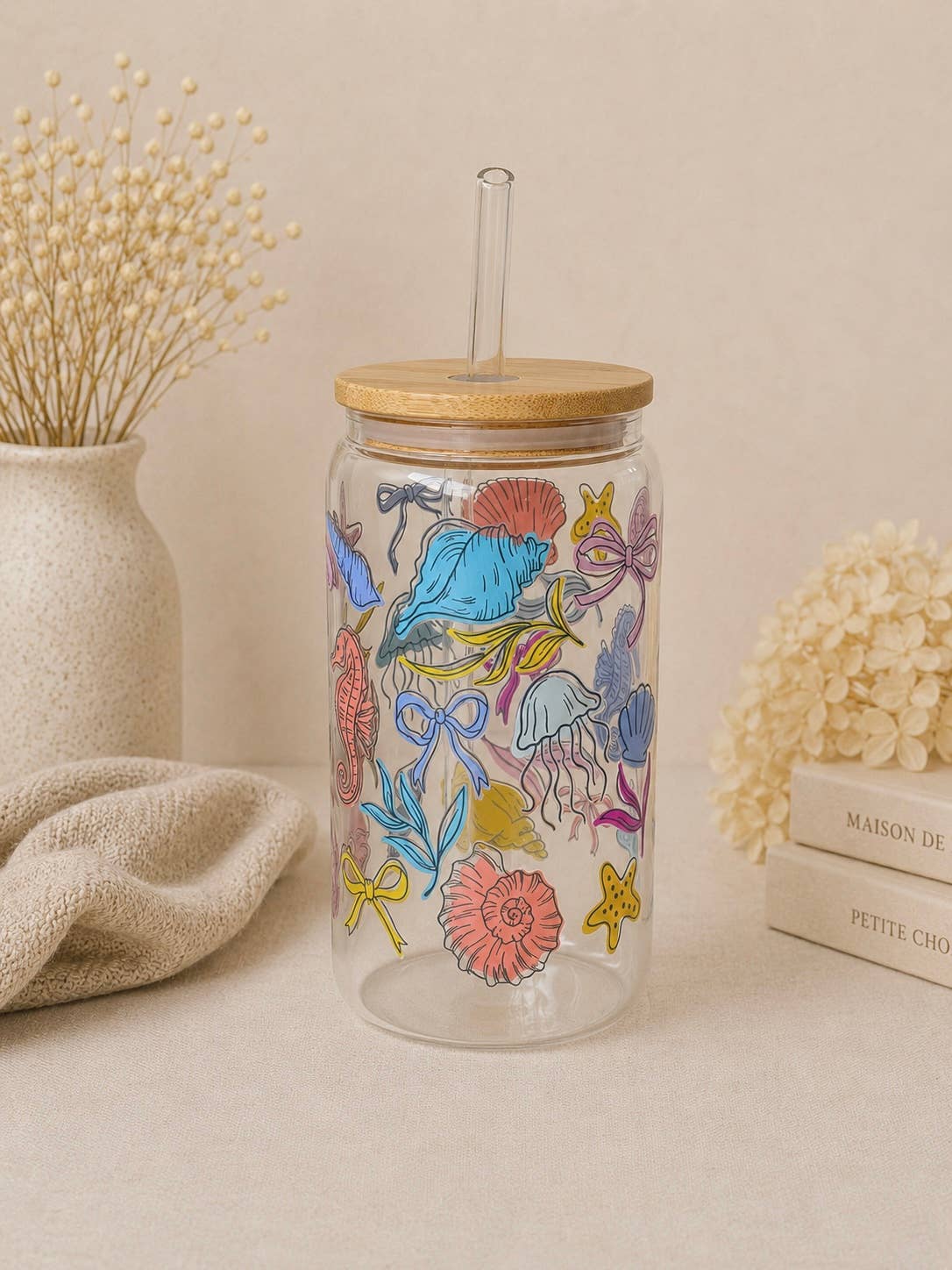 Sea Party Glass Tumbler with Lid and Straw Double Side Print 2