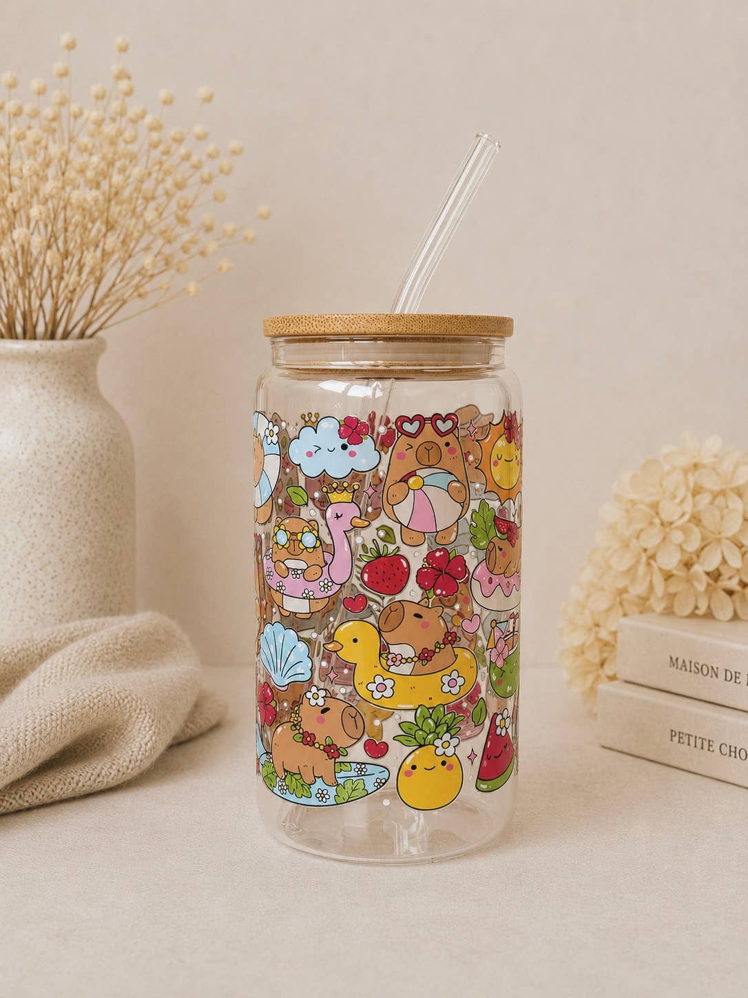 Summer Capybaras Double Sided Glass Tumbler + Lid & Straw