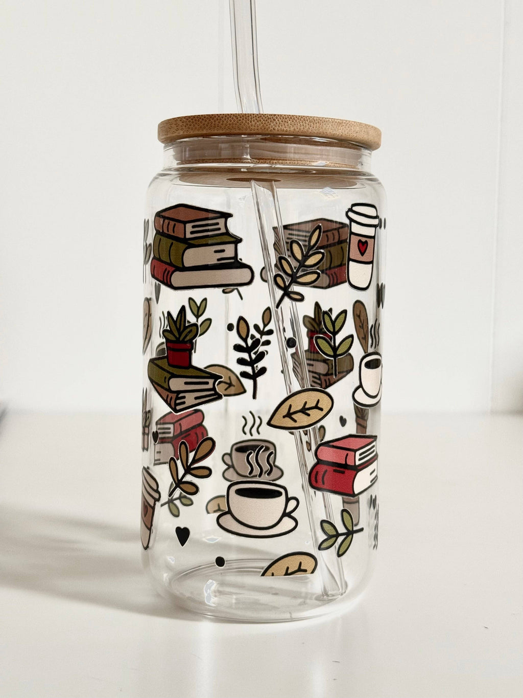Books & Coffee Glass Tumbler Double Sided Print with Lid and Straw 3