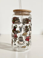 Books & Coffee Glass Tumbler Double Sided Print with Lid and Straw 3