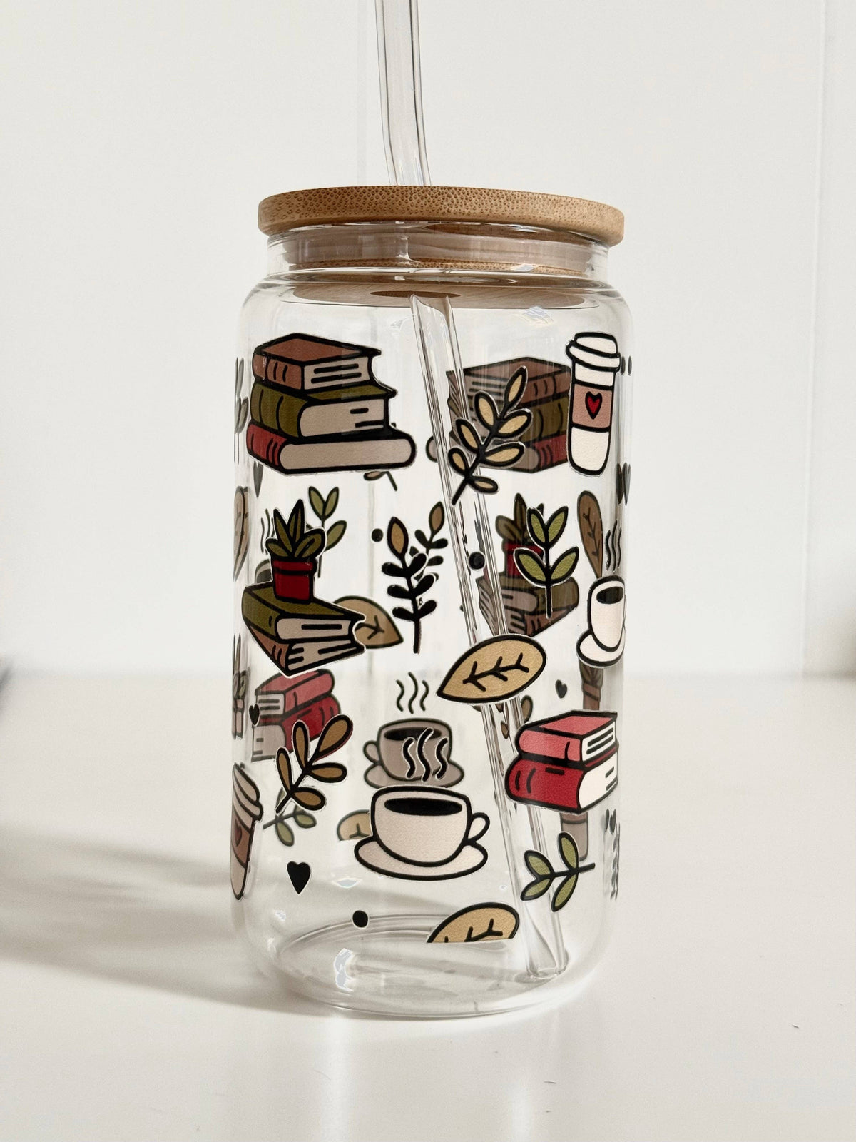 Books & Coffee Glass Tumbler Double Sided Print with Lid and Straw 3