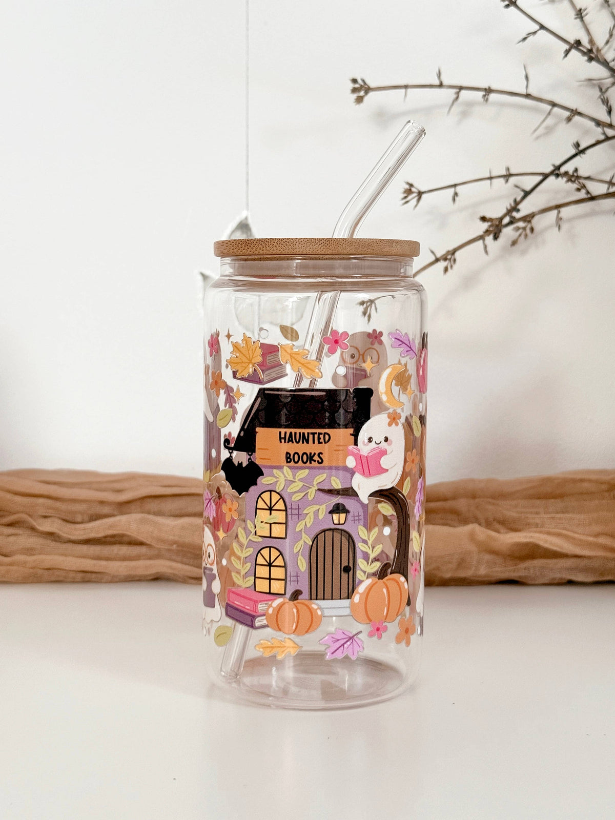 Haunted Books Ghost Glass Tumbler Double Sided + Lid & Straw 3