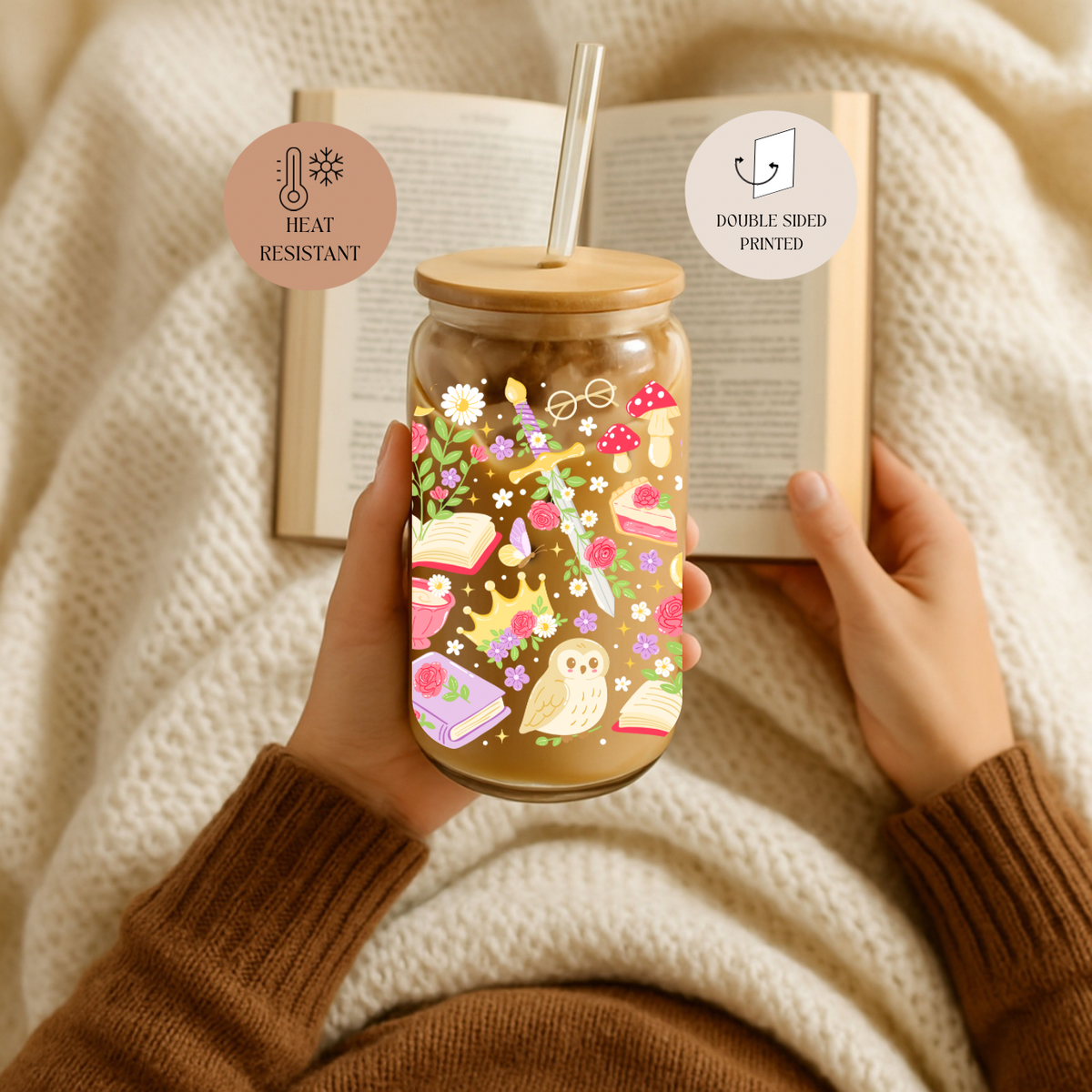 Fantasy Book Club Double Sided Glass Cup with Lid and Straw 3