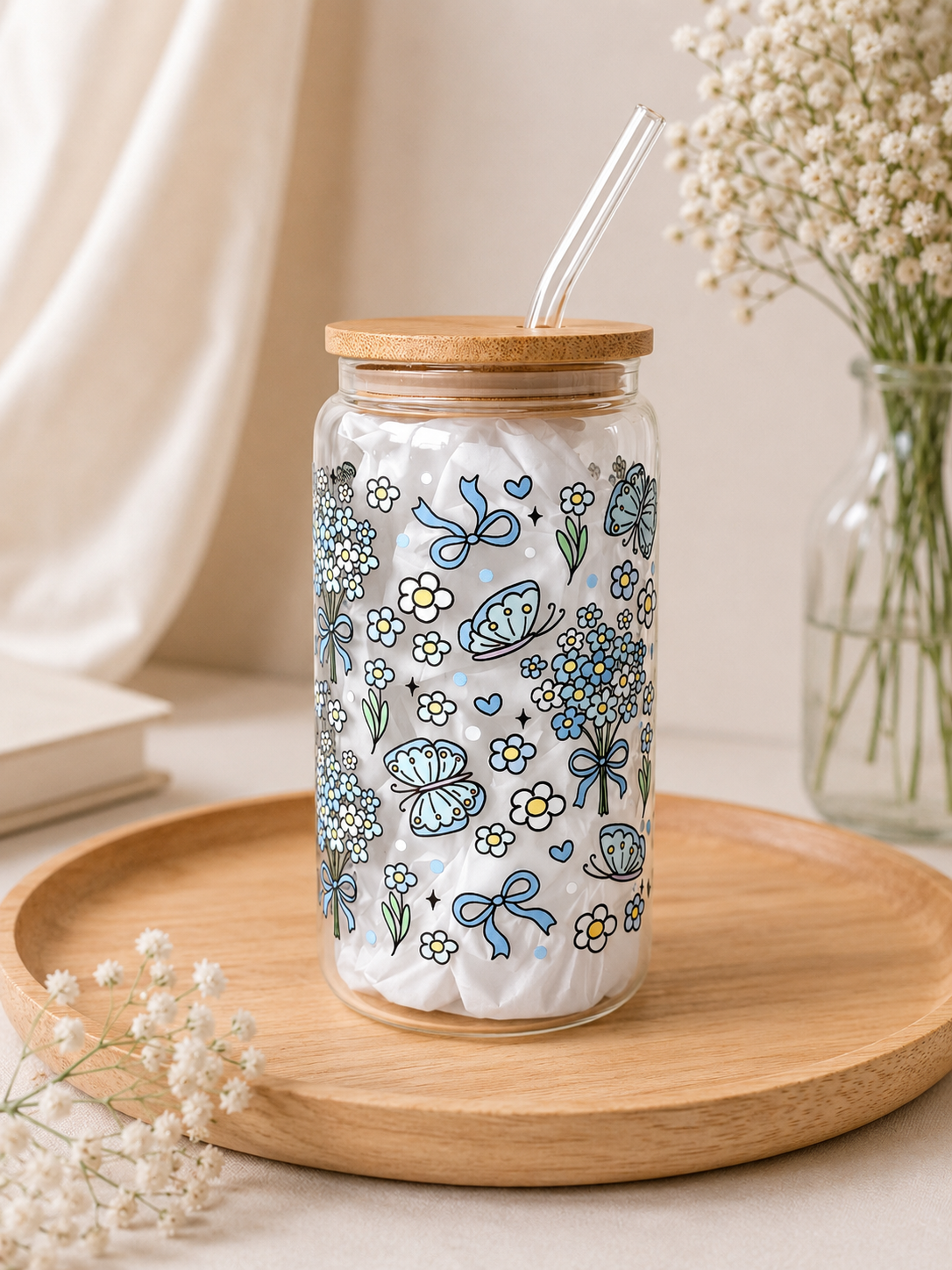 Blue Garden Double Sided Glass Tumbler + Lid & Straw
