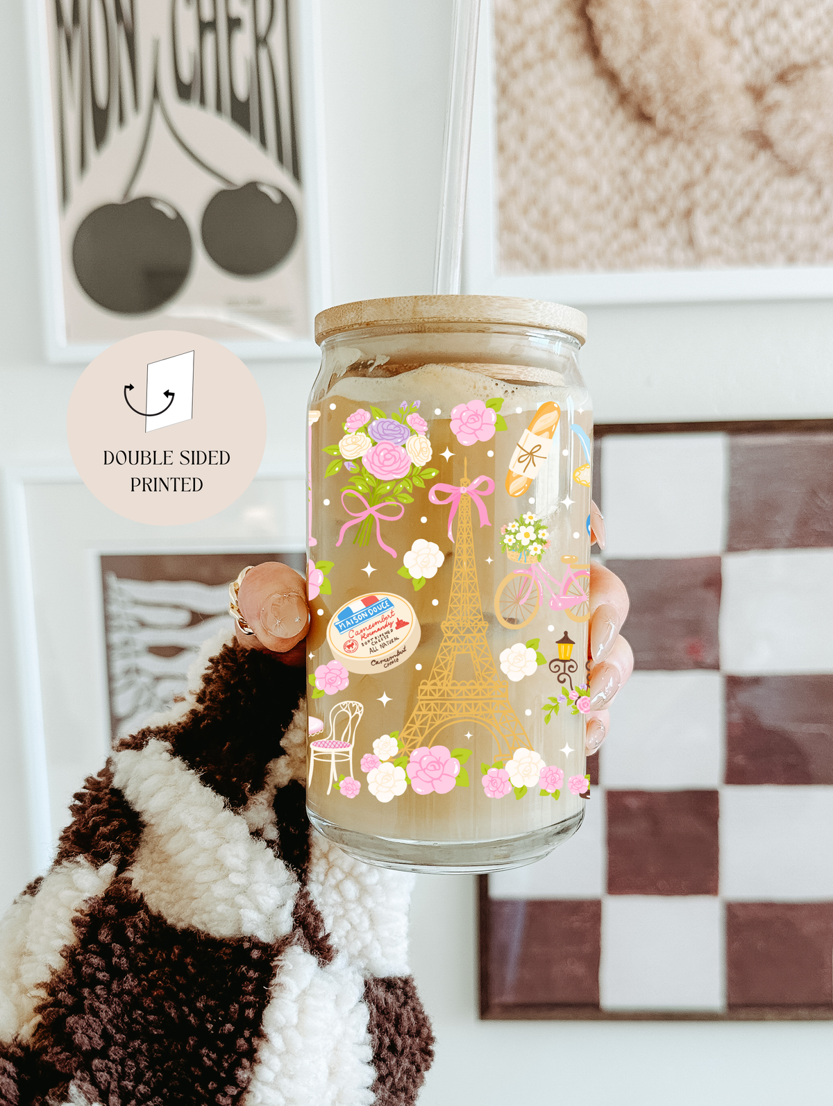 Paris France Love City Double Sided Glass Cup + Lid & Straw 3