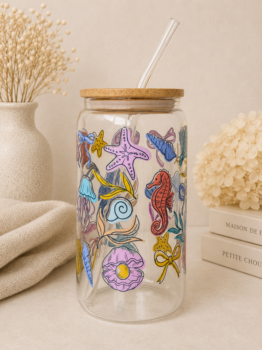 Sea Party Glass Tumbler with Lid and Straw Double Side Print