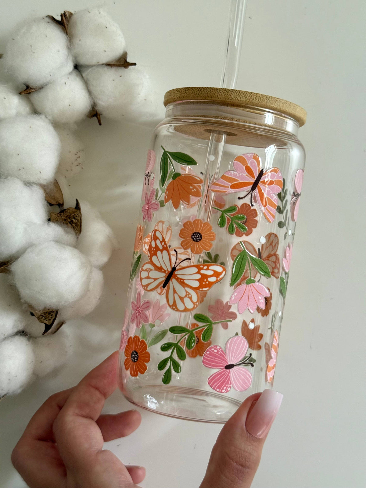 Butterfly Garden Glass Tumbler Double Sided Print with Lid and Straw 5