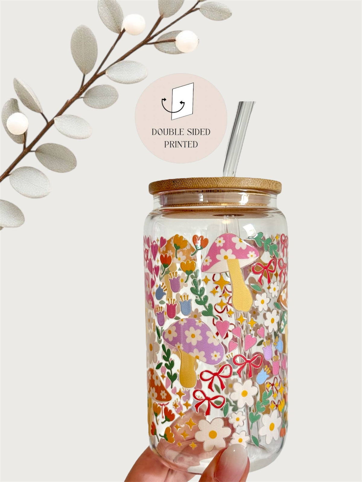 Mushroom Bow Garden Glass Tumbler With Bamboo Lid & Straw 2