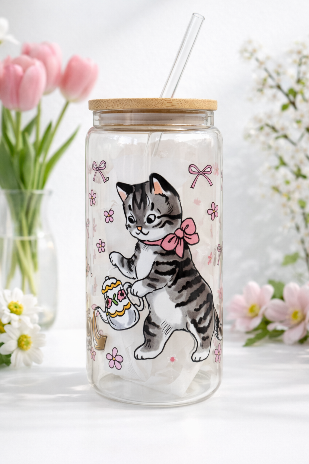 Cat Tea Party2 Double Side Print Glass Tumbler + Lid & Straw