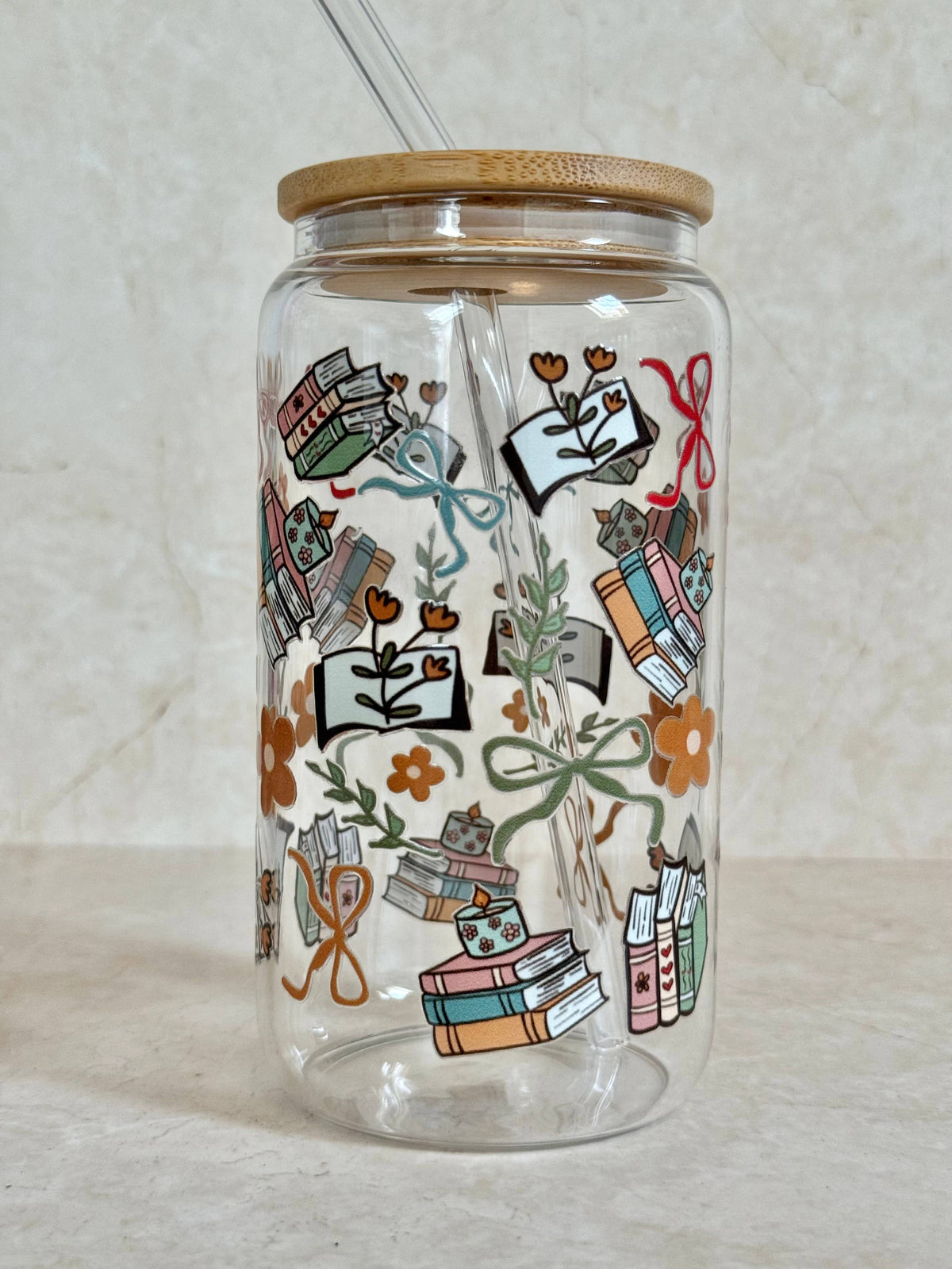 Glass Tumbler Books, Flowers and Bows Double Sided Printed 4