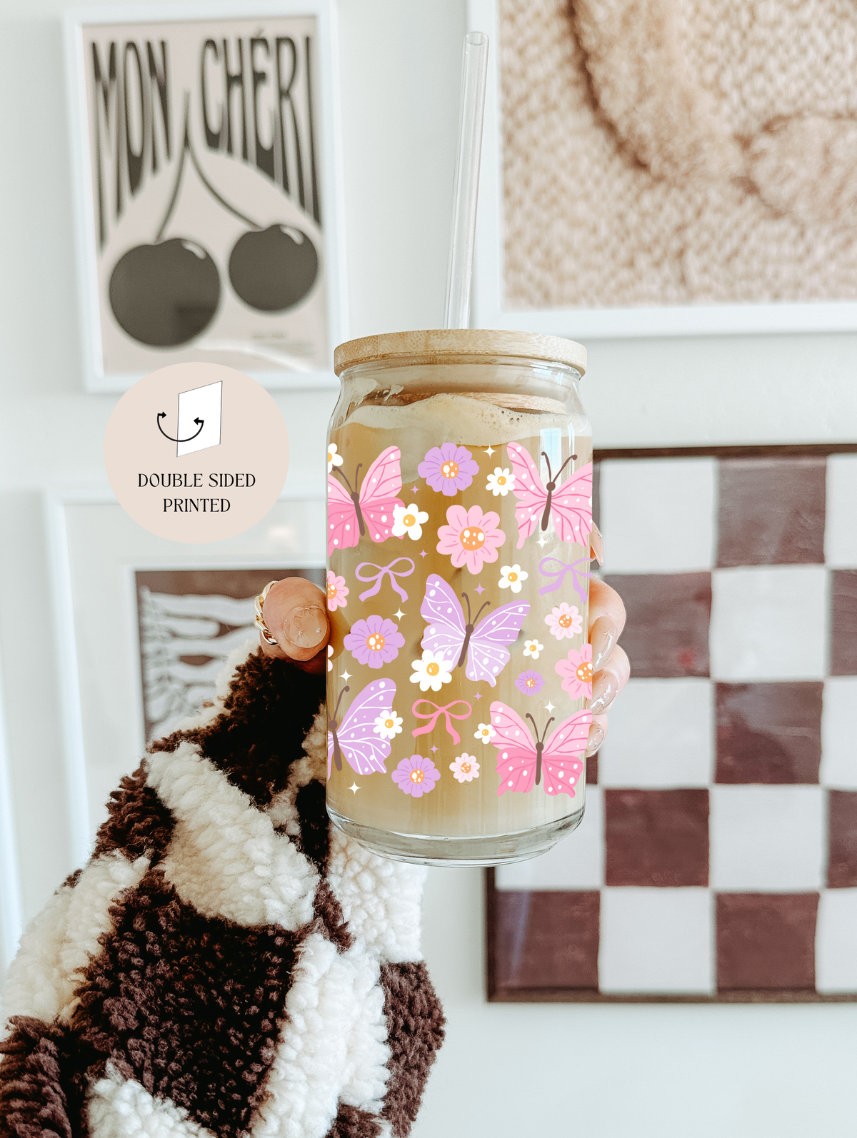 Butterflies Glass Tumbler Pink & Purple +Bamboo Lid & Straw