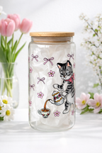 Cat Tea Party2 Double Side Print Glass Tumbler + Lid & Straw 2