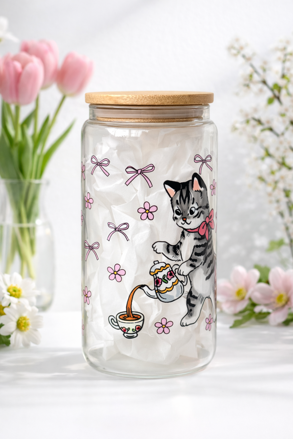 Cat Tea Party2 Double Side Print Glass Tumbler + Lid & Straw 2