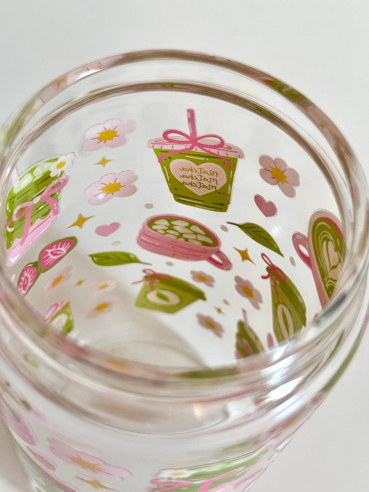 Matcha Pink 2 Options Double Sided Glass Cup + Lid & Straw 7