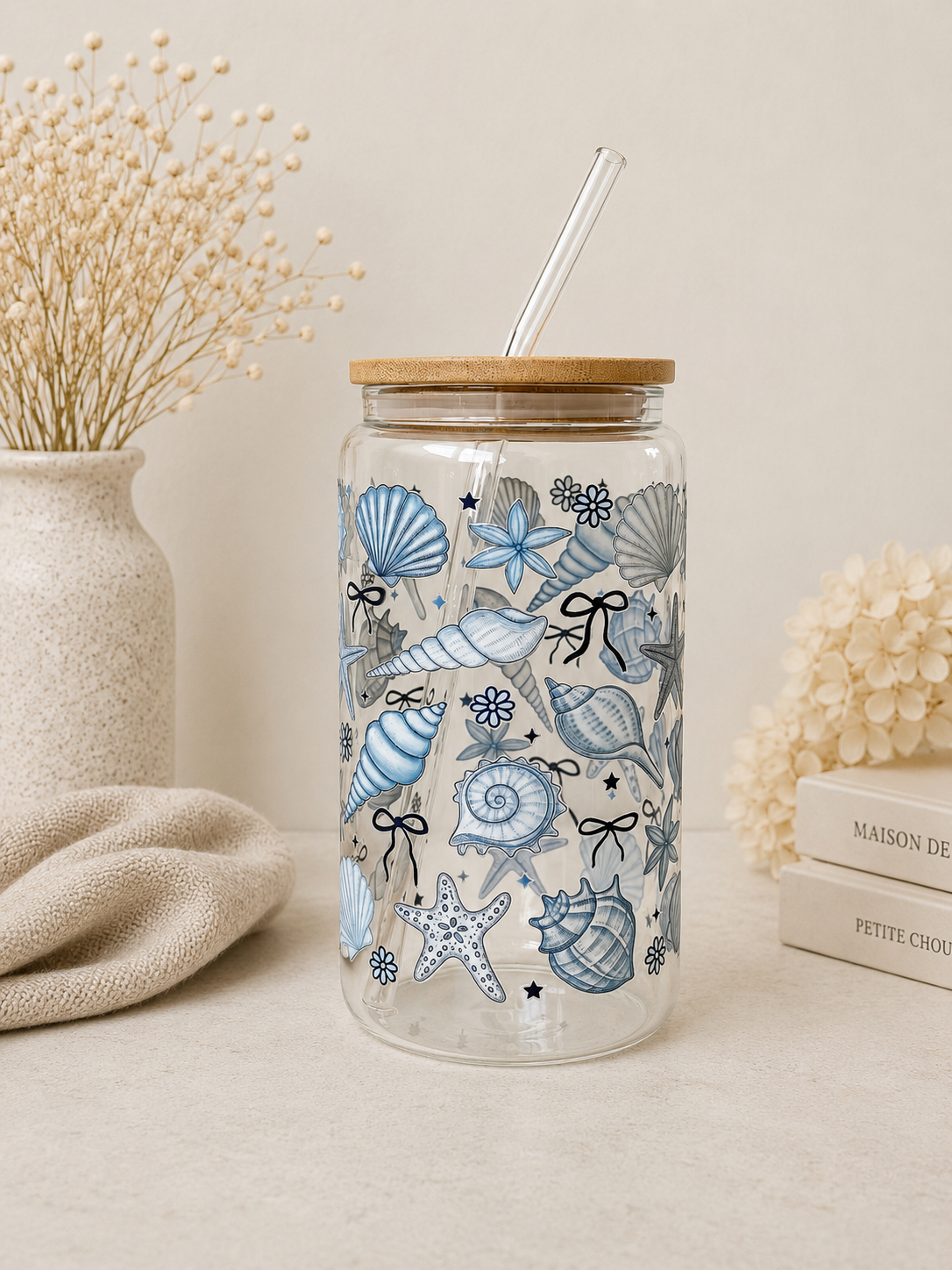 Sea Life (2 colours) Glass Tumbler with Lid and Straw 2