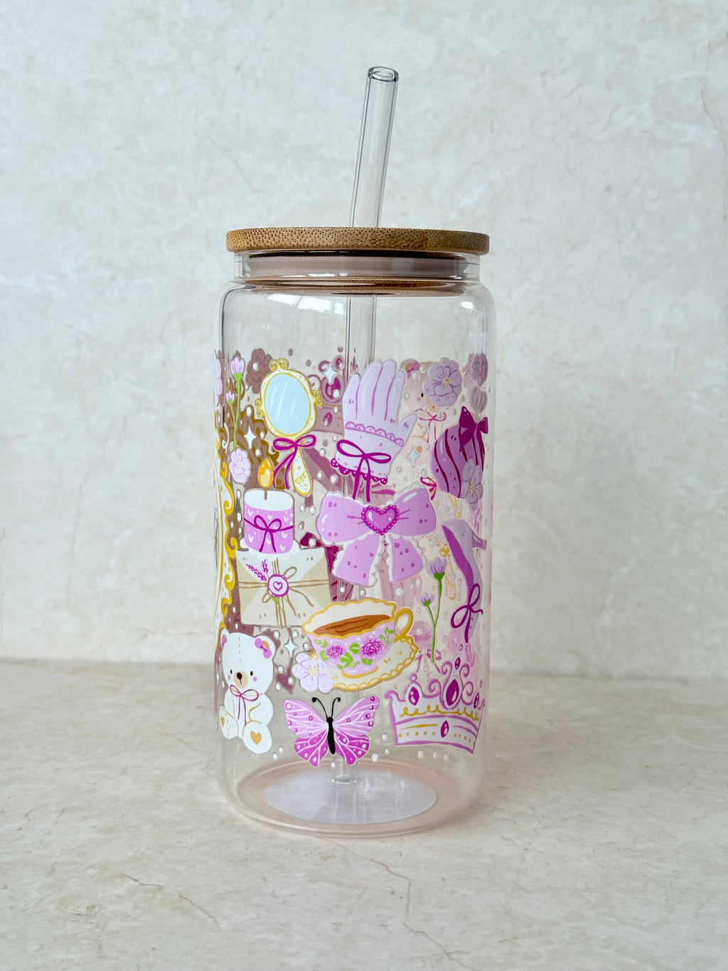 Princess Castle Double Sided Glass Tumbler + Lid & Straw 5