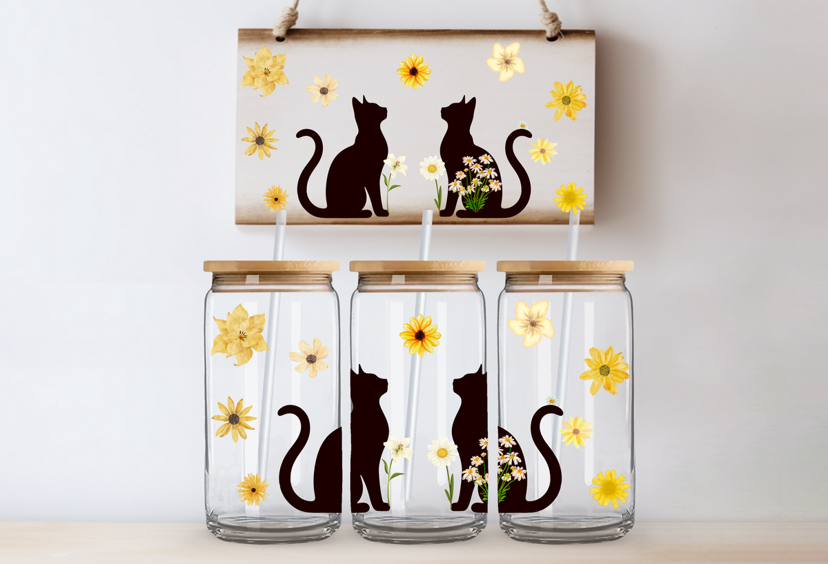 Cat Flowers Glass Tumbler 3 options Bamboo Lid & Glass Straw 9
